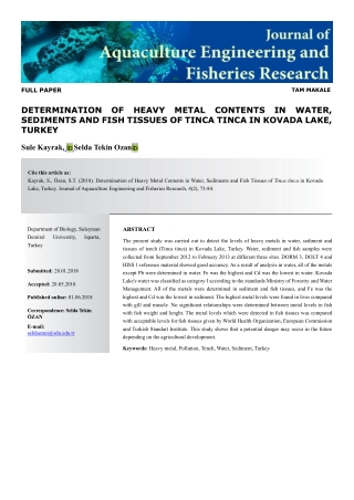 Determination of heavy metal contents in water, sediments and fish tissues of tinca tinca in kovada lake, turkey