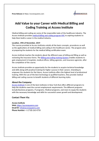 Add Value to your Career with Medical Billing and Coding Training at Access Institute