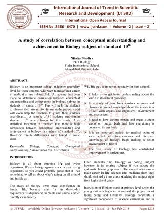 A study of correlation between conceptual understanding and achievement in Biology subject of standard 10th