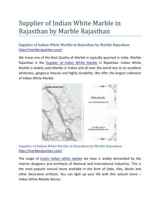 Supplier of Indian White Marble in Rajasthan by Marble Rajasthan