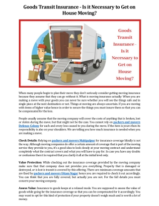 Goods Transit Insurance - Is it Necessary to Get on House Moving?