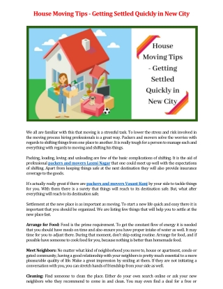 House Moving Tips - Getting Settled Quickly in New City