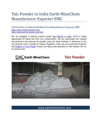 Talc Powder in India Earth MineChem Manufacturer Exporter EMC