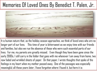 Memories Of Loved Ones By Benedict T. Palen, Jr.