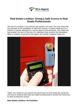 Real Estate Lockbox- Giving a Safe Access to Real Estate Professionals