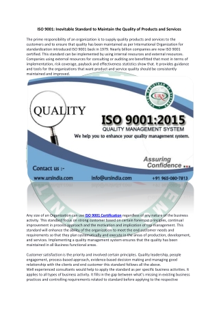 ISO 9001: Inevitable Standard to Maintain the Quality of Products and Services
