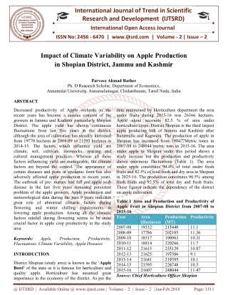 Impact of Climate Variability on Apple Production in Shopian District, Jammu and Kashmir