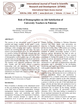 Role of Demographics on Job Satisfaction of University Teachers in Pakistan