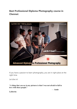 Best Professional Diploma Photography course in Chennai