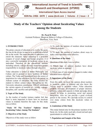 Study of the Teachers' Opinion about Inculcating Values among the Students