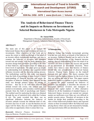 The Analysis of Behavioural Finance Theory and its Impacts on Returns on Investment in Selected Businesses in Yola Metro