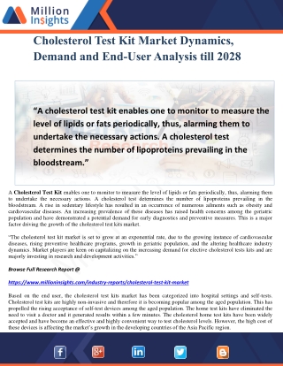 Cholesterol Test Kit Market Dynamics, Demand and End-User Analysis till 2028