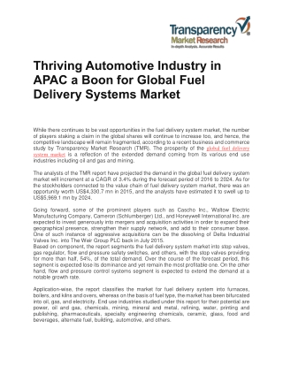 Thriving Automotive Industry in APAC a Boon for Global Fuel Delivery Systems Market