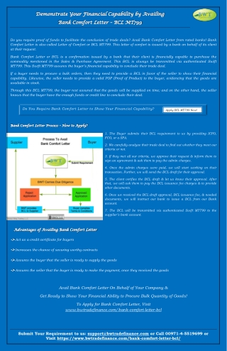 Bank Comfort Letter – Avail BCL MT799 Without Cash Margin