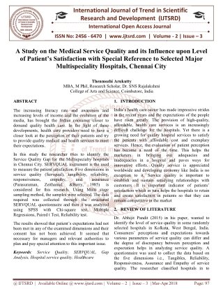 A Study on the Medical Service Quality and its Influence upon Level of Patient's Satisfaction with Special Reference to