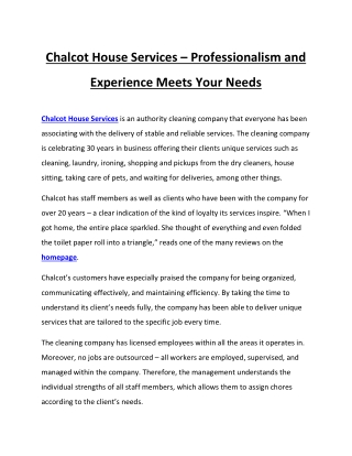 Chalcot House Services – Professionalism and Experience Meets Your Needs
