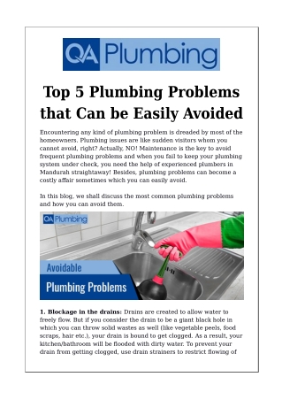 Top 5 Plumbing Problems that Can be Easily Avoided