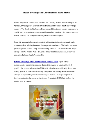 Sauces, Dressings and Condiments Market in Saudi Arabia - Outlook to 2023