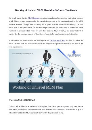 Working of Unilevel MLM Plan-Mlm Software Tamilnadu