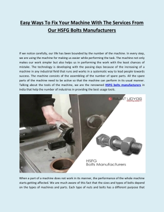 Easy Ways To Fix Your Machine With The Services From Our HSFG Bolts Manufacturers