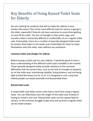 Key Benefits of Using Raised Toilet Seats for Elderly