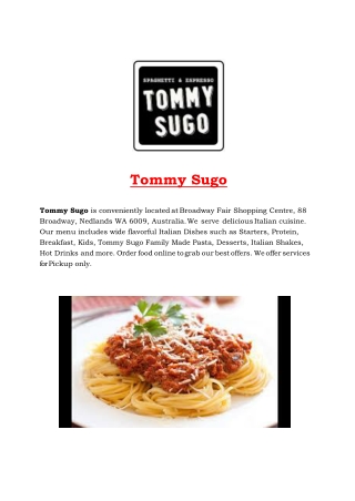 5% Off - Tommy Sugo Menu - Italian Restaurant Nedlands, WA