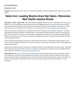 Salon Invi, Leading Boston-Area Hair Salon, Welcomes New Stylist Jessica Bosse