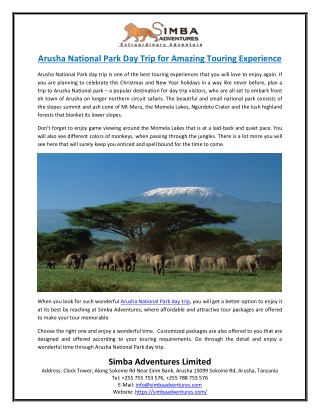 Arusha National Park Day Trip for Amazing Touring Experience
