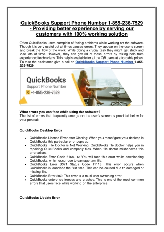 QuickBooks Support Phone Number 1-855-236-7529 - Providing better experience by serving our customers with 100% working