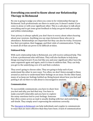 Everything you need to Know about our Relationship Therapy in Richmond