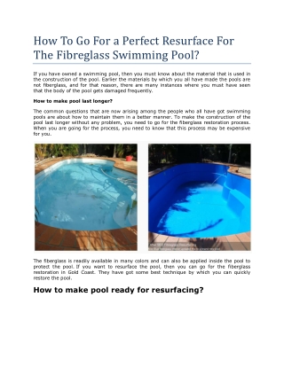 Perfect Resurface For The Fibreglass Swimming Pool