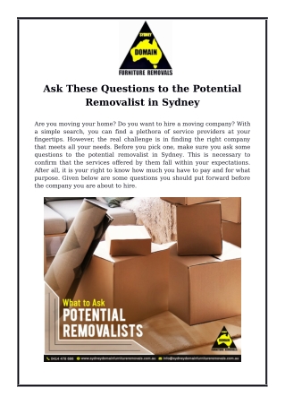 Ask These Questions to the Potential Removalist in Sydney