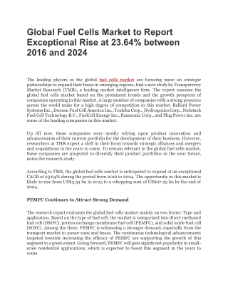 Global Fuel Cells Market to Report Exceptional Rise at 23.64% between 2016 and 2024