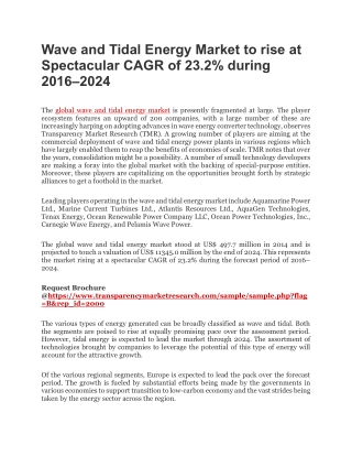 Wave and Tidal Energy Market to rise at Spectacular CAGR of 23.2% during 2016–2024