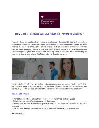 How Dentist Pascovale Will Give Advanced Preventive Dentistry?
