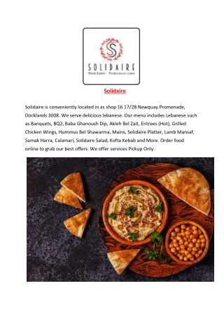 5% Off - Solidaire Menu - Lebanese Restaurant Docklands, Vic