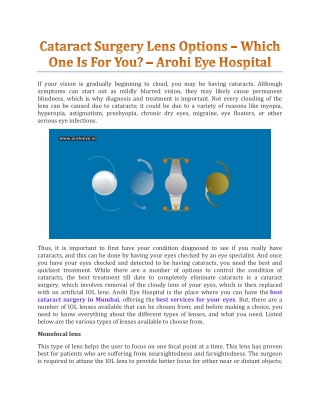 Cataract Surgery Lens Options – Which One Is For You? - Arohi Eye Hospital