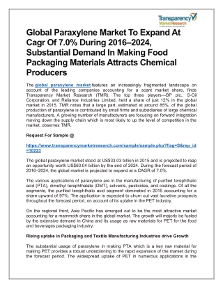 GLOBAL PARAXYLENE MARKET TO EXPAND AT CAGR OF 7.0% DURING 2016–2024, SUBSTANTIAL DEMAND IN MAKING FOOD PACKAGING MATERIA