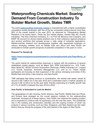 WATERPROOFING CHEMICALS MARKET: SOARING DEMAND FROM CONSTRUCTION INDUSTRY TO BOLSTER MARKET GROWTH, STATES TMR