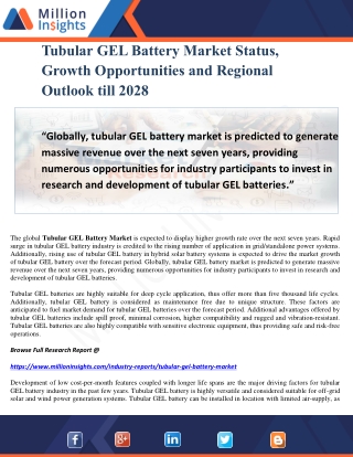 Tubular GEL Battery Market Status, Growth Opportunities and Regional Outlook till 2028