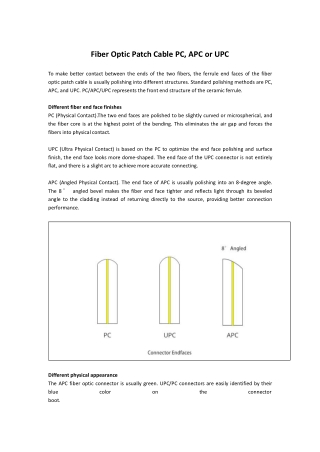 Fiber Optic Patch Cable PC, APC or UPC