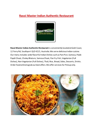 5% Off - Rasoi Master Indian Authentic Restaurant Menu Southport, QLD