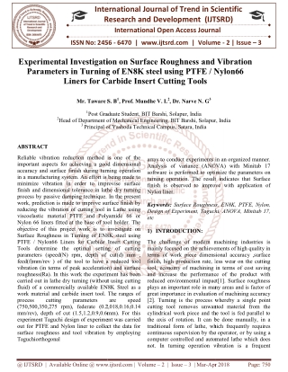 Experimental Investigation on Surface Roughness and Vibration Parameters in Turning of EN8K steel using PTFE Nylon66 Lin