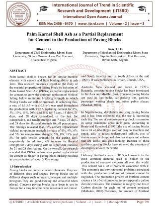 Palm Karnel Shell Ash as a Partial Replacement for Cement in the Production of Paving Blocks