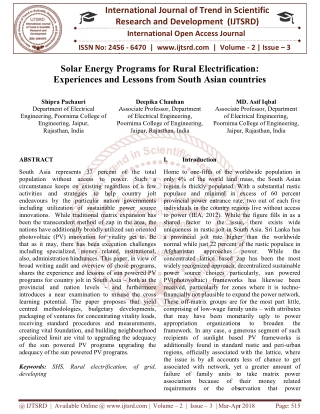 Solar Energy Programs for Rural Electrification Experiences and Lessons from South Asian countries