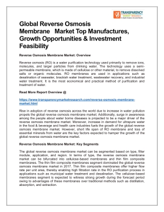 GLOBAL REVERSE OSMOSIS MEMBRANE MARKET TOP MANUFACTURES, GROWTH OPPORTUNITIES & INVESTMENT FEASIBILITY