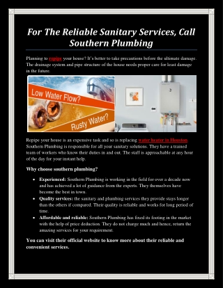 For The Reliable Sanitary Services, Call Southern Plumbing