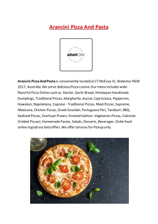 5% Off - Arancini Pizza Restaurant Menu in Waterloo NSW.