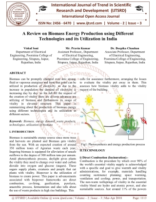 A Review on Biomass Energy Production using Different Technologies and its Utilization in India