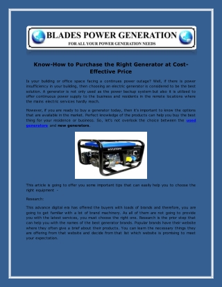 Know-How to Purchase the Right Generator at Cost-Effective Price